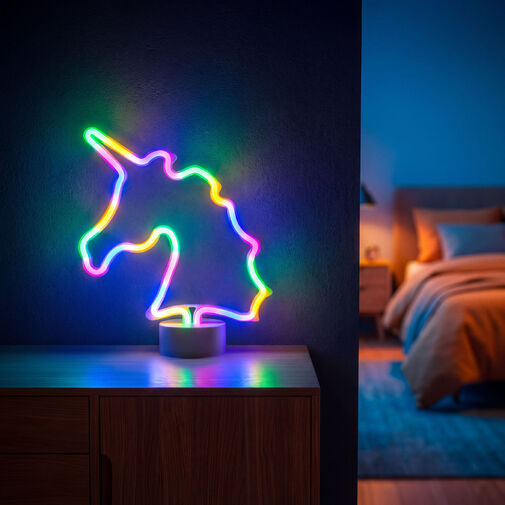 43996B • Neon LED lámpa - színes unikornis - 3 x AA + USB - 28,5 x 8,5 x 24,5 cm