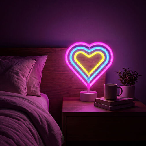 43996F • Neon LED lámpa - színes szív - 3 x AA + USB - 25,2 x 1,6 x 23 cm