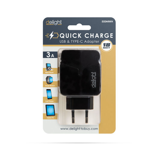 55044BK • Hálózati Adapter USB + Type-C PD18W gyorstöltéssel - fekete