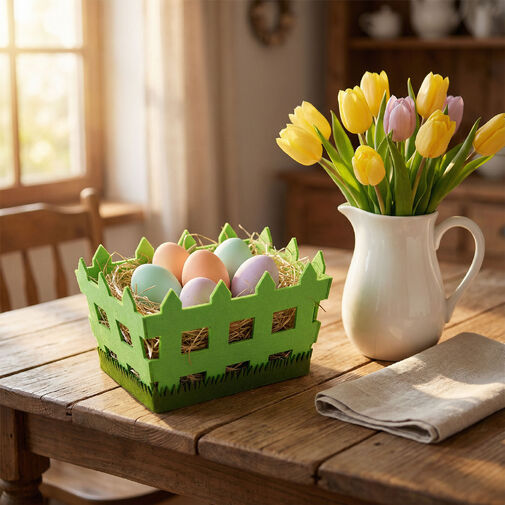 57962 • Húsvéti dekoráció - filc kosár - kerítés forma -  19,5 x 13,2 x 11,7 cm 