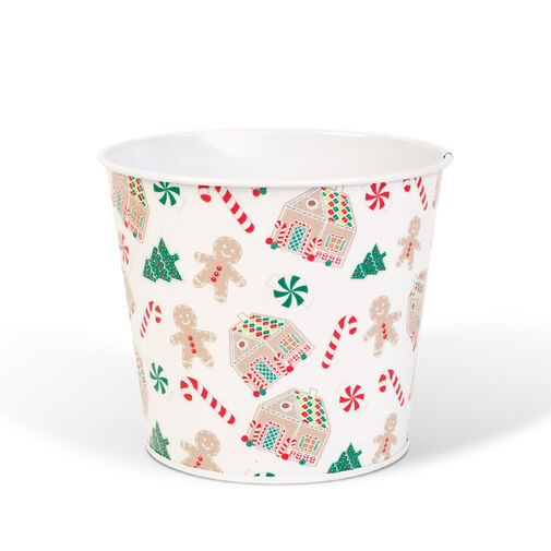 59733B • Karácsonyi dekoráció - fém kaspó, vödör - házikó - 13 x 11 cm