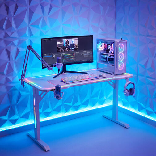 BMD1129WH • Gamer asztal - 120 x 60 x 75 cm - RGB LED, USB, pohártartó, fejhallgató tartó, 5 mm üveg - fehér