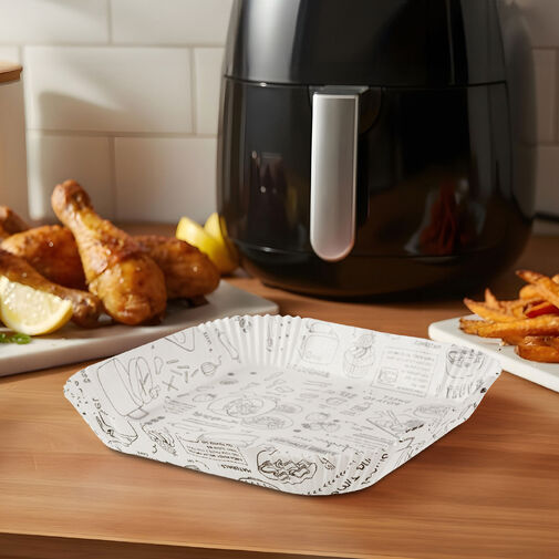 BW1031A • Air fryer sütőpapír - olaj nélküli sütőhöz - mintás, négyzet - 20 cm - 50 db / csomag