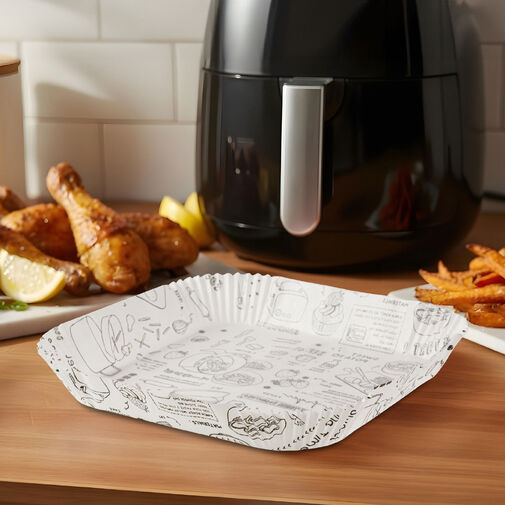 BW1031B • Air fryer sütőpapír - olaj nélküli sütőhöz - mintás, négyzet - 23 cm - 50 db / csomag